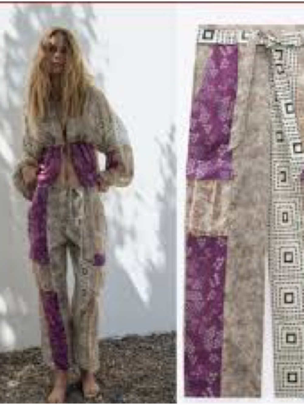 Zara Patchwork Straight-Leg Pants in Purple and Beige - Picture 1 of 11